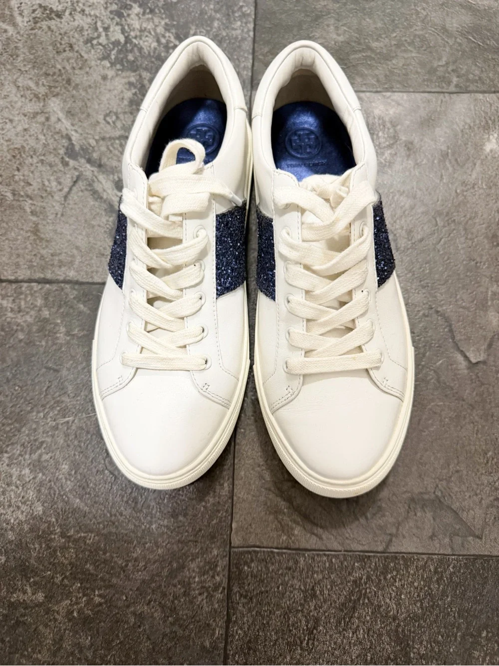 NEW Tory Burch Carter Leather Glitter Sneakers - White/Navy Blue - Size 9